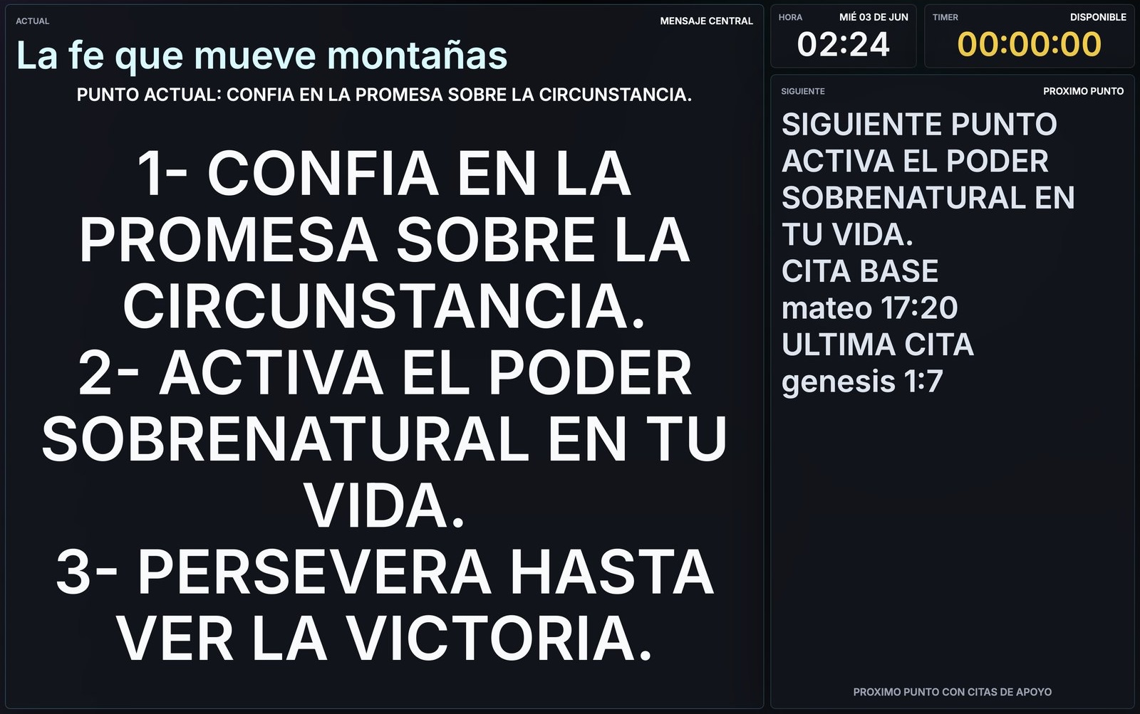 Monitor Backstage con el punto actual, el siguiente y las notas del equipo