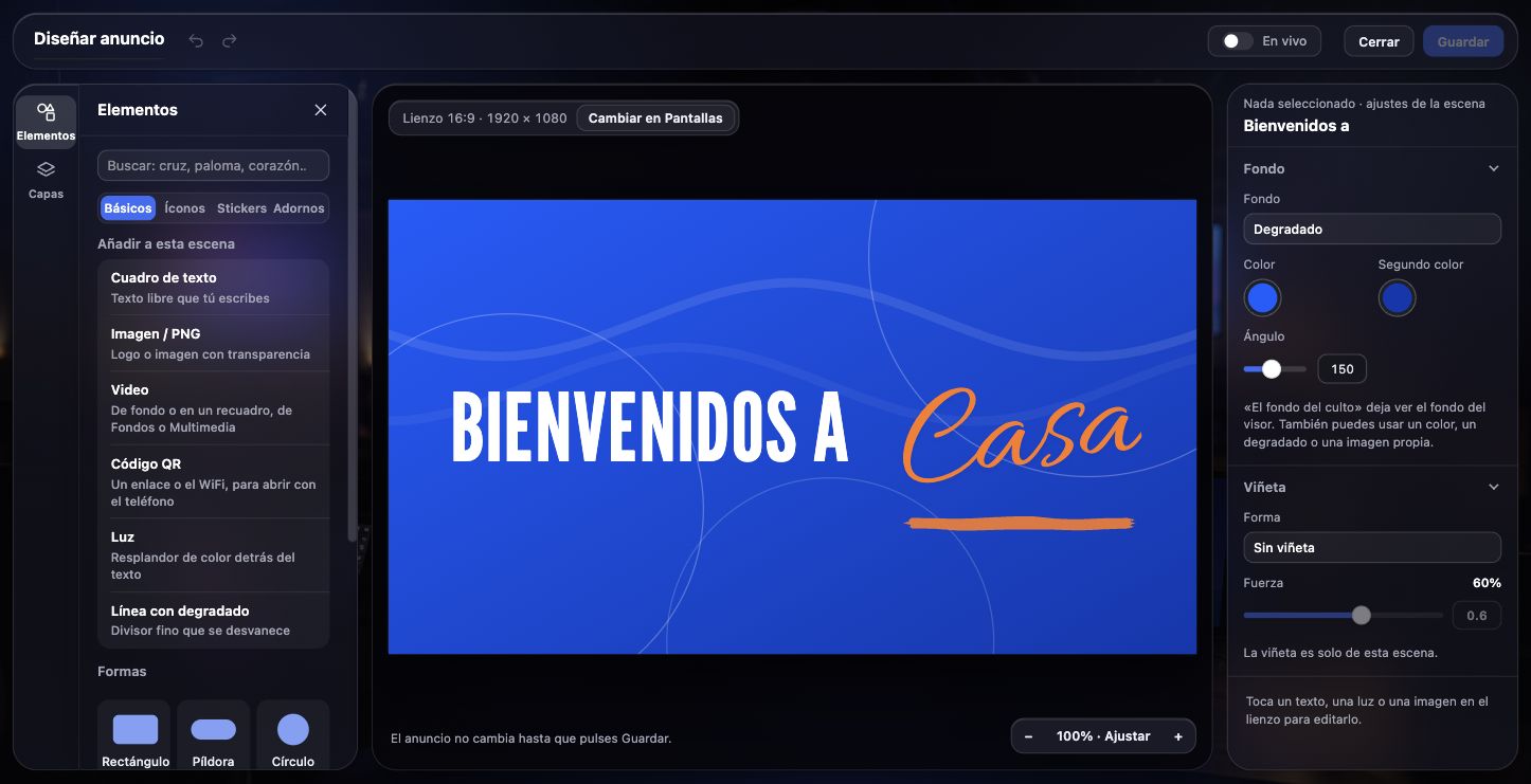 Editor de anuncios real con la bienvenida Bienvenidos a Casa, herramientas para añadir elementos y ajustes del fondo