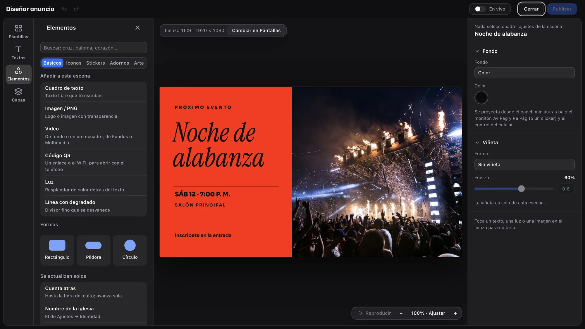 Editor de anuncios con la plantilla Evento, Noche de alabanza con su foto, y el cajón de Elementos para añadir textos, imágenes, video o un código QR