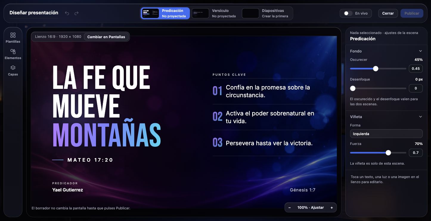 Editor real de Predicación con el título La fe que mueve montañas, tres puntos del mensaje y ajustes de la escena