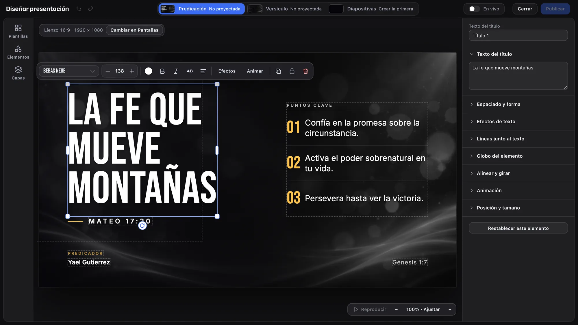 Editor de Predicación con el título La fe que mueve montañas elegido, su barra de letra y tamaño y sus ajustes a la derecha