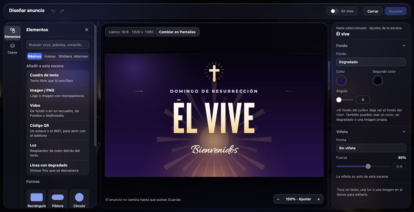 Plantilla real de Resurrección abierta en el editor de anuncios, con los textos Él vive y Bienvenidos