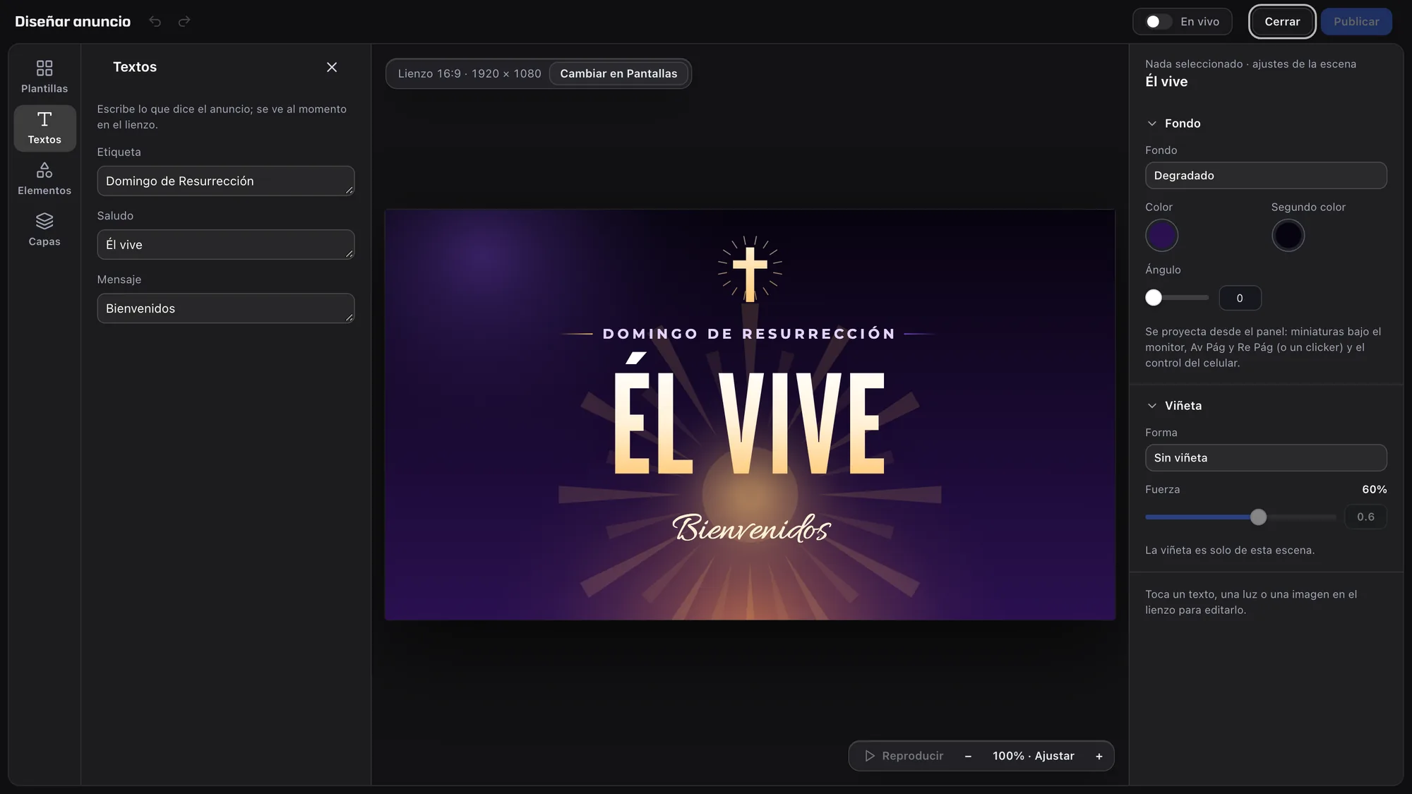 Plantilla de Semana Santa abierta en el editor de anuncios, con los textos Domingo de Resurrección, Él vive y Bienvenidos